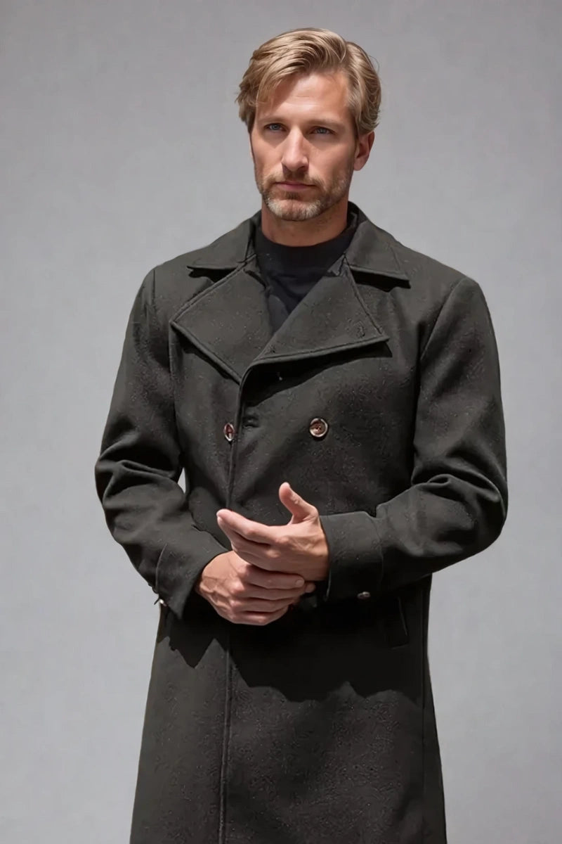 Men Black Double-Breasted Winter Trench Coat