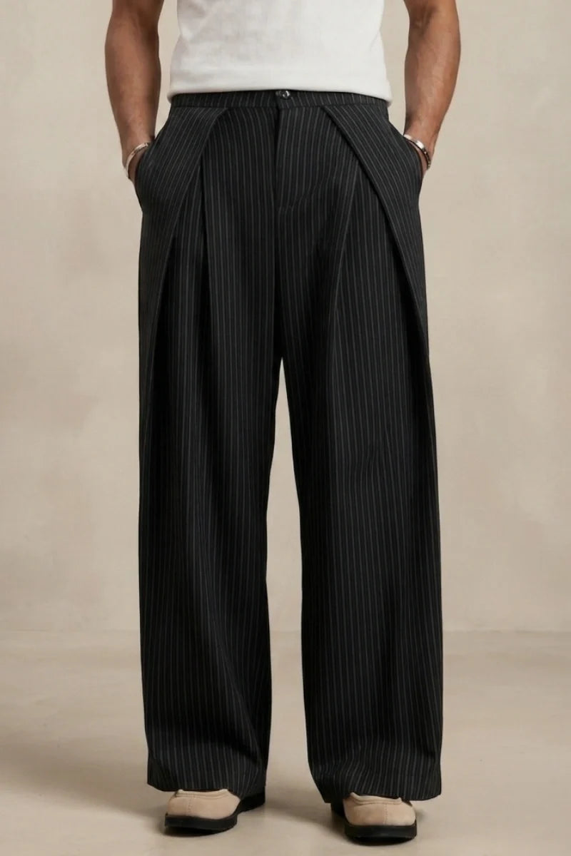 Black Pleated Loose Fit Pant for Men (Front)