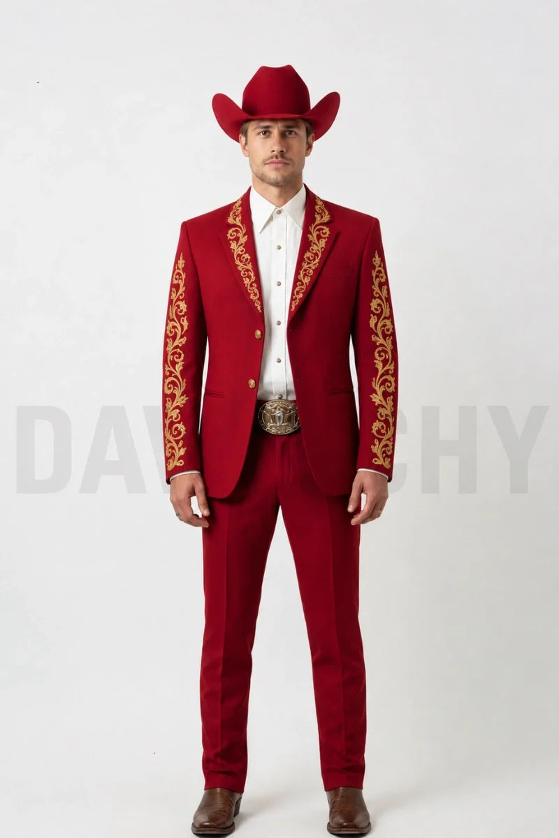 Men designer red two-piece suit with gold embroidery – perfect for weddings and proms-Front