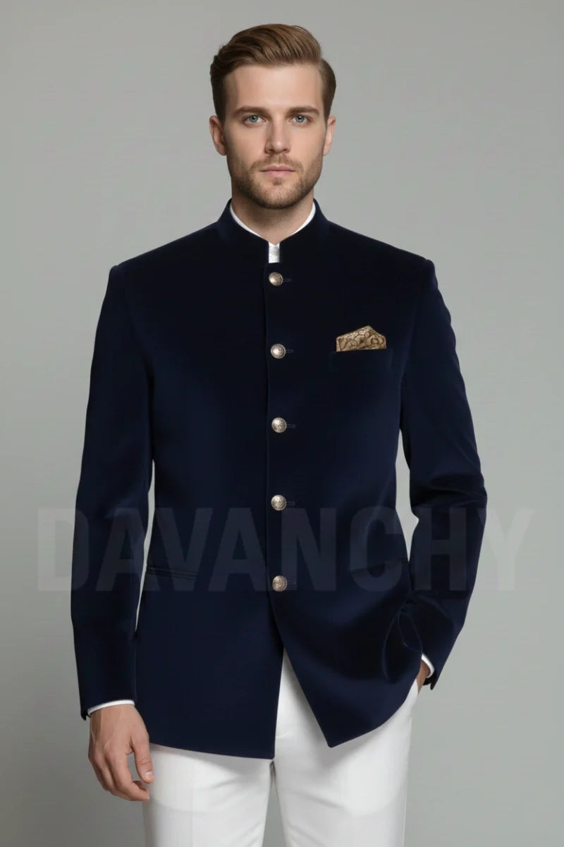Men Navy Blue Bandhgala Jacket-Front