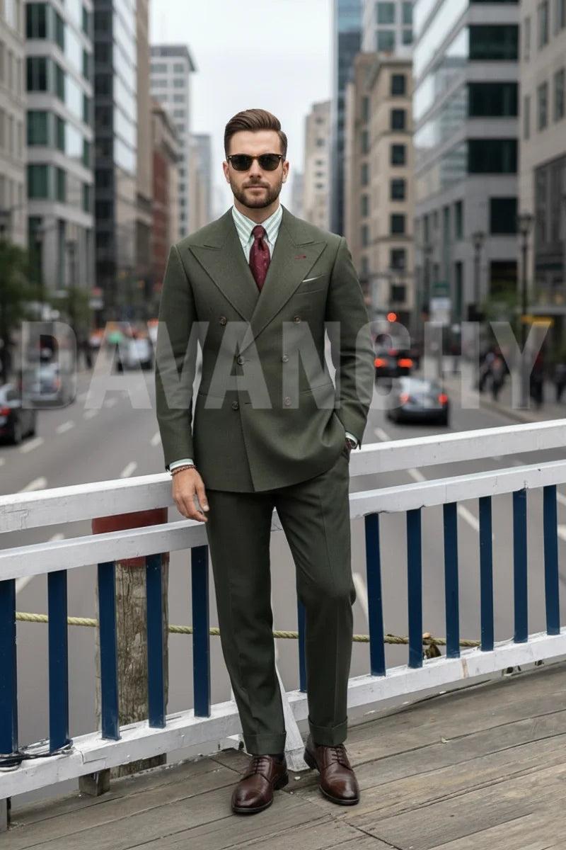 Men olive green double breasted formal suit-Front