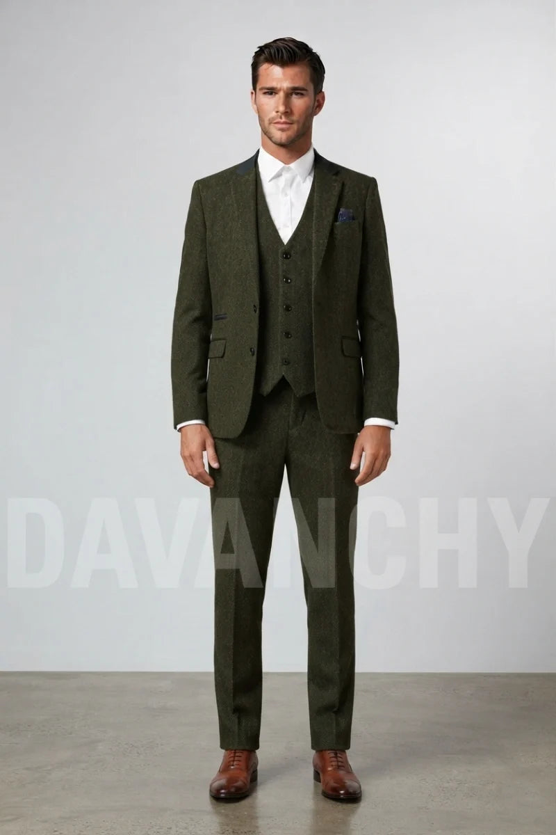 Olive green tweed three-piece suit-Front