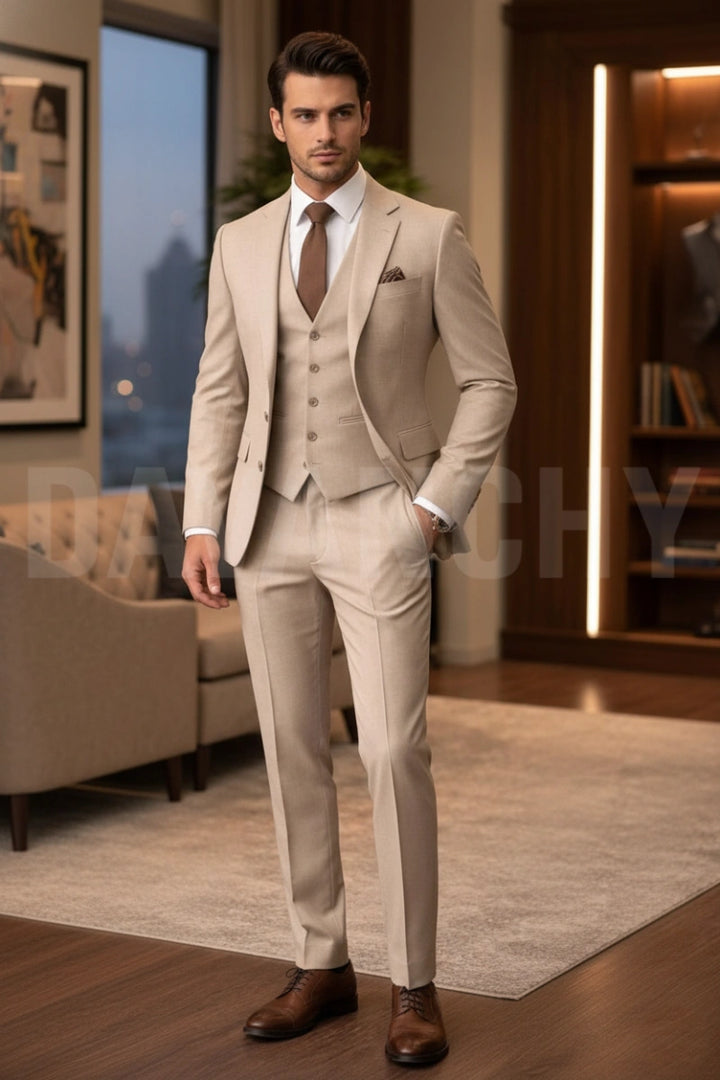 Men Beige Three Piece Slim Fit Formal Suit-Front