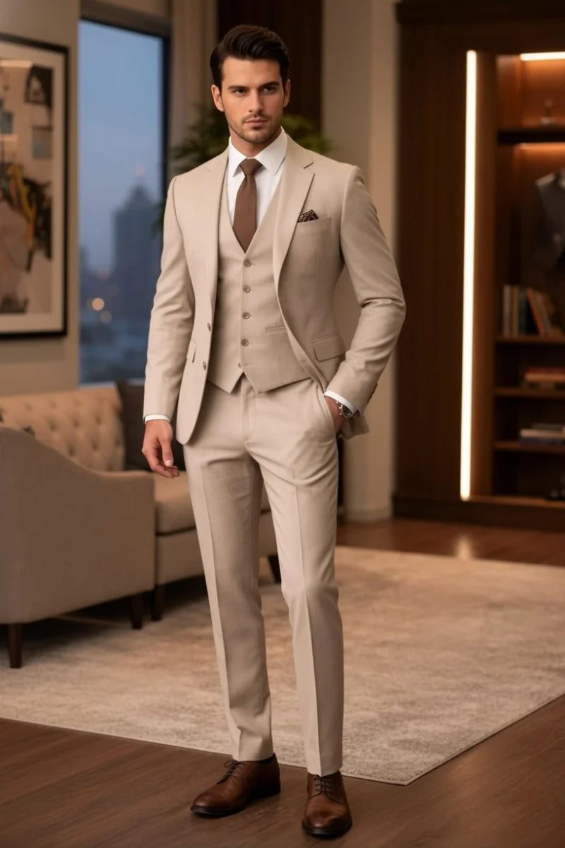 Men Beige Three Piece Slim Fit Formal Suit-Front