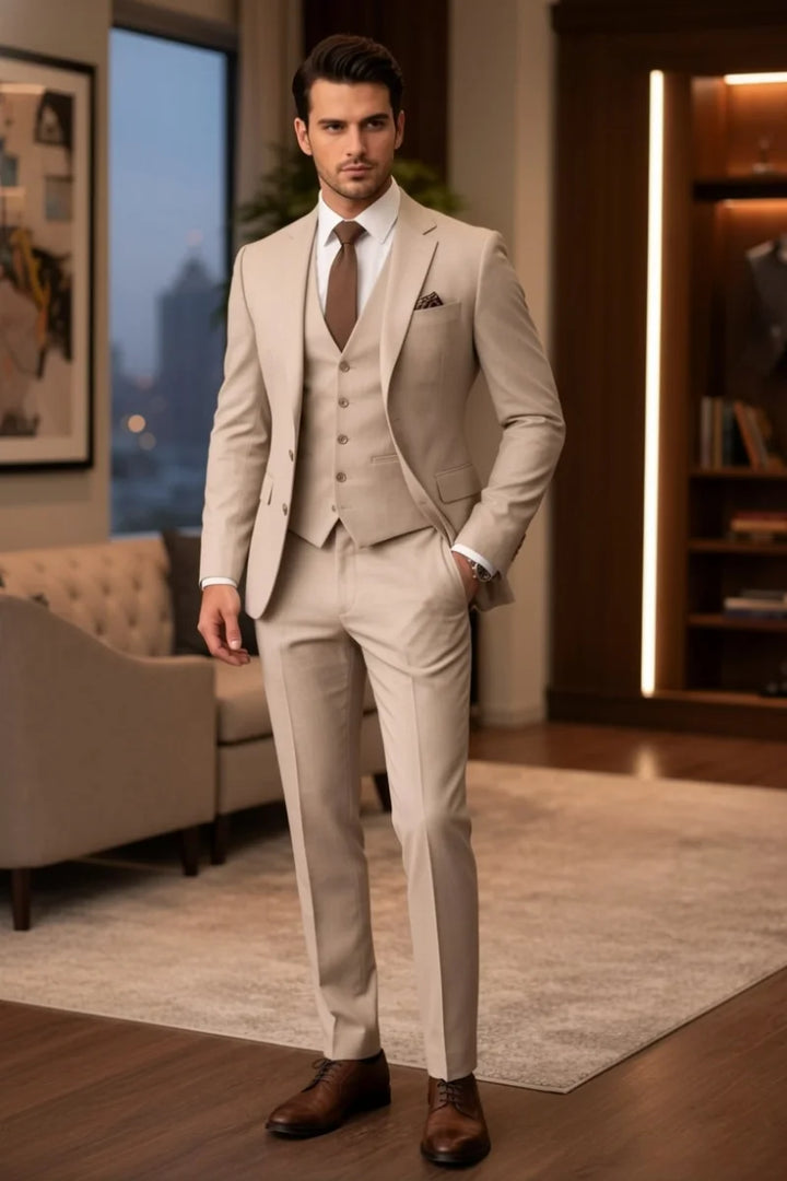Men Beige Three Piece Slim Fit Formal Suit-Front