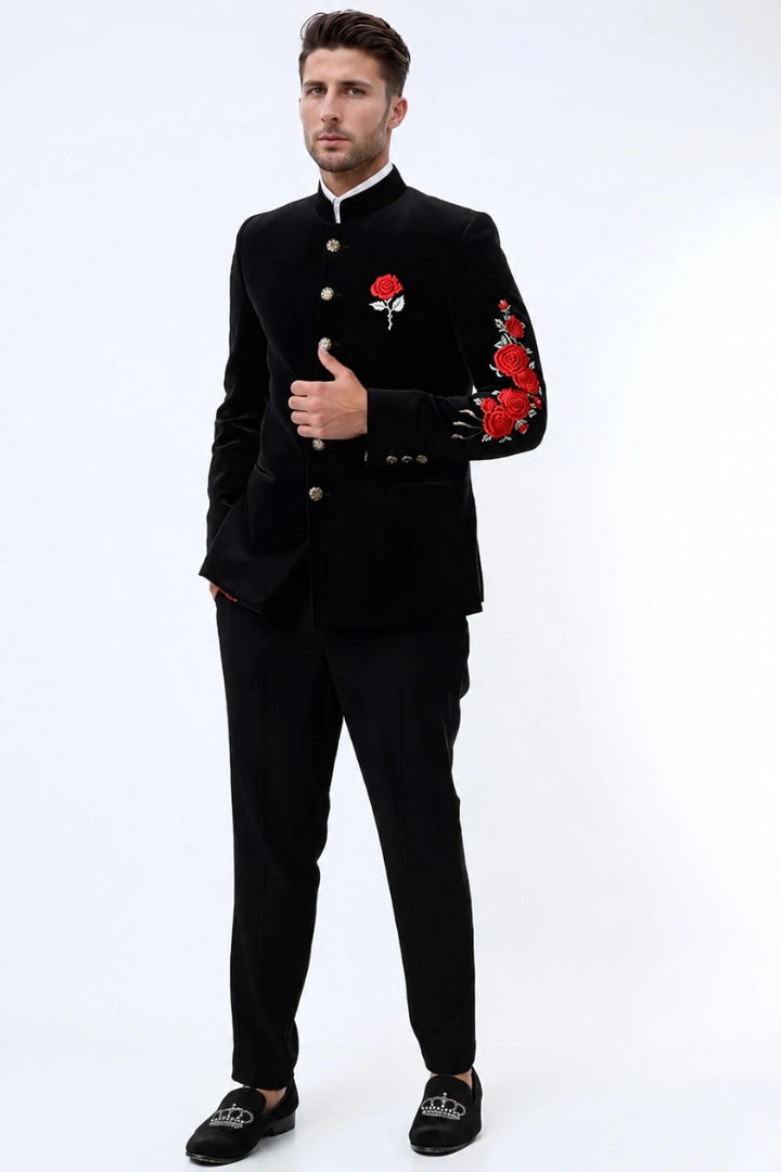 Men black jodhpuri bandhgala suit with rose embroidery for weddings-Front
