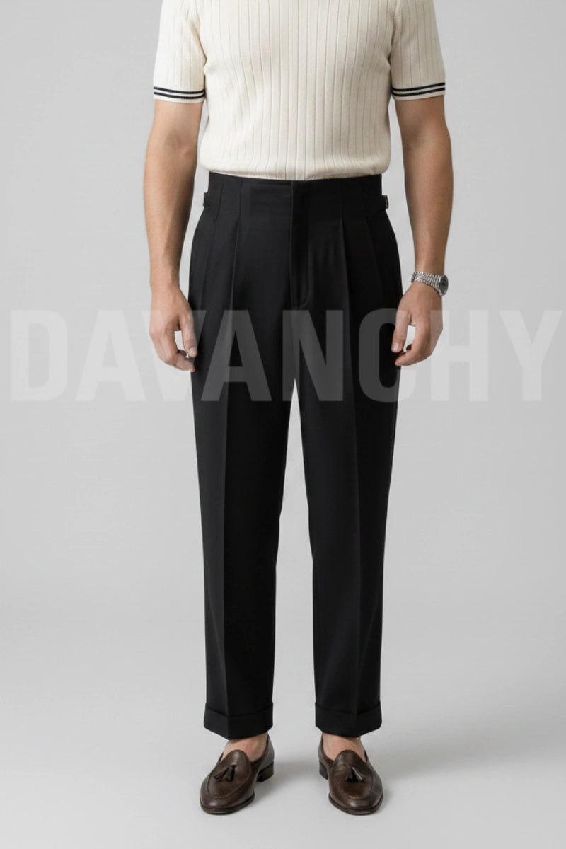 Black pleated trousers men-Front