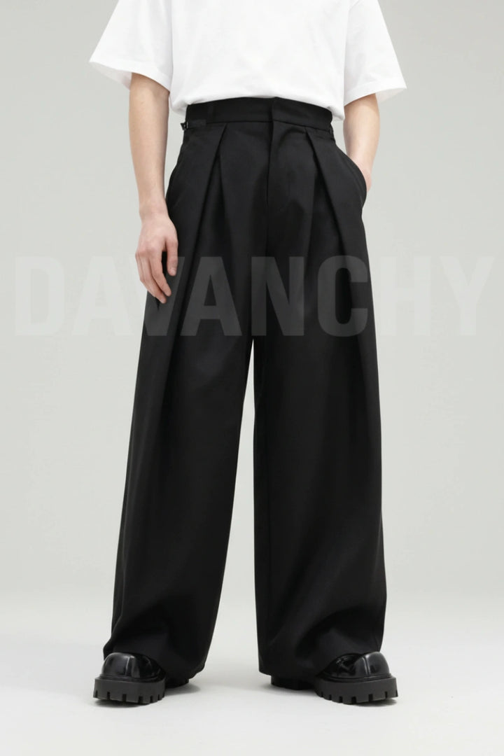 Men Black High Waist Wide Leg Formal Trouser Elegant Office Pant