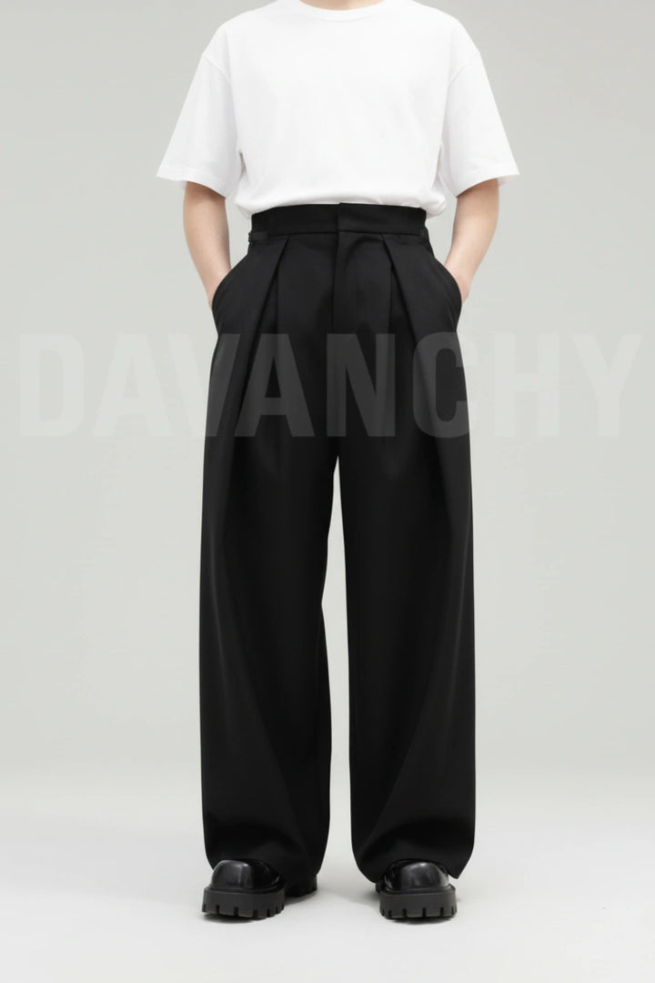 Men Black High Waist Wide Leg Formal Trouser Elegant Office Pant