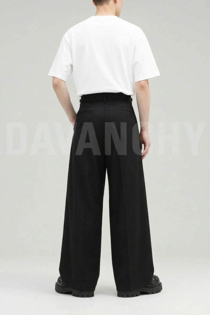 Men Black High Waist Wide Leg Formal Trouser Elegant Office Pant