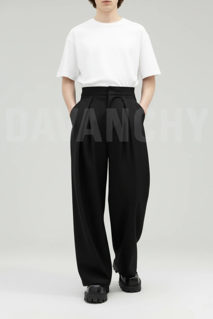 Men Black High Waist Wide Leg Formal Trouser Elegant Office Pant