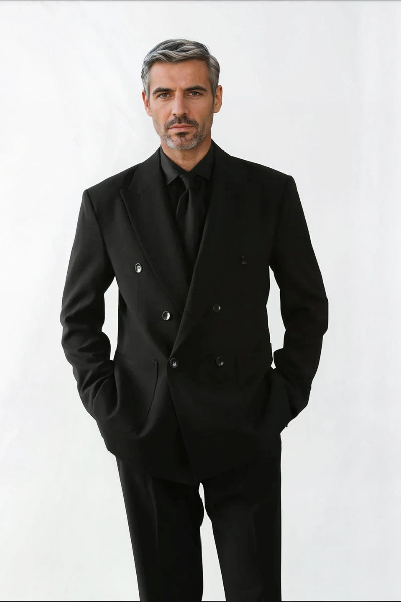 Men classic black double breasted suit-Front