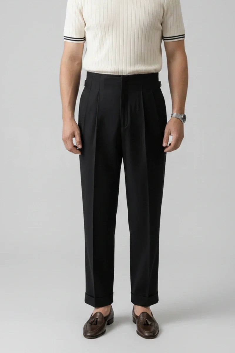 Black Pleated Trousers Men-Front