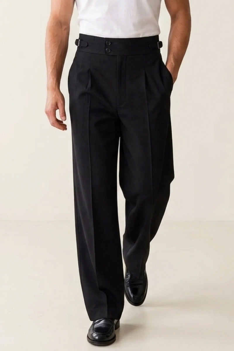Men's Black High Waist Pleated Gurkha Pants -Front