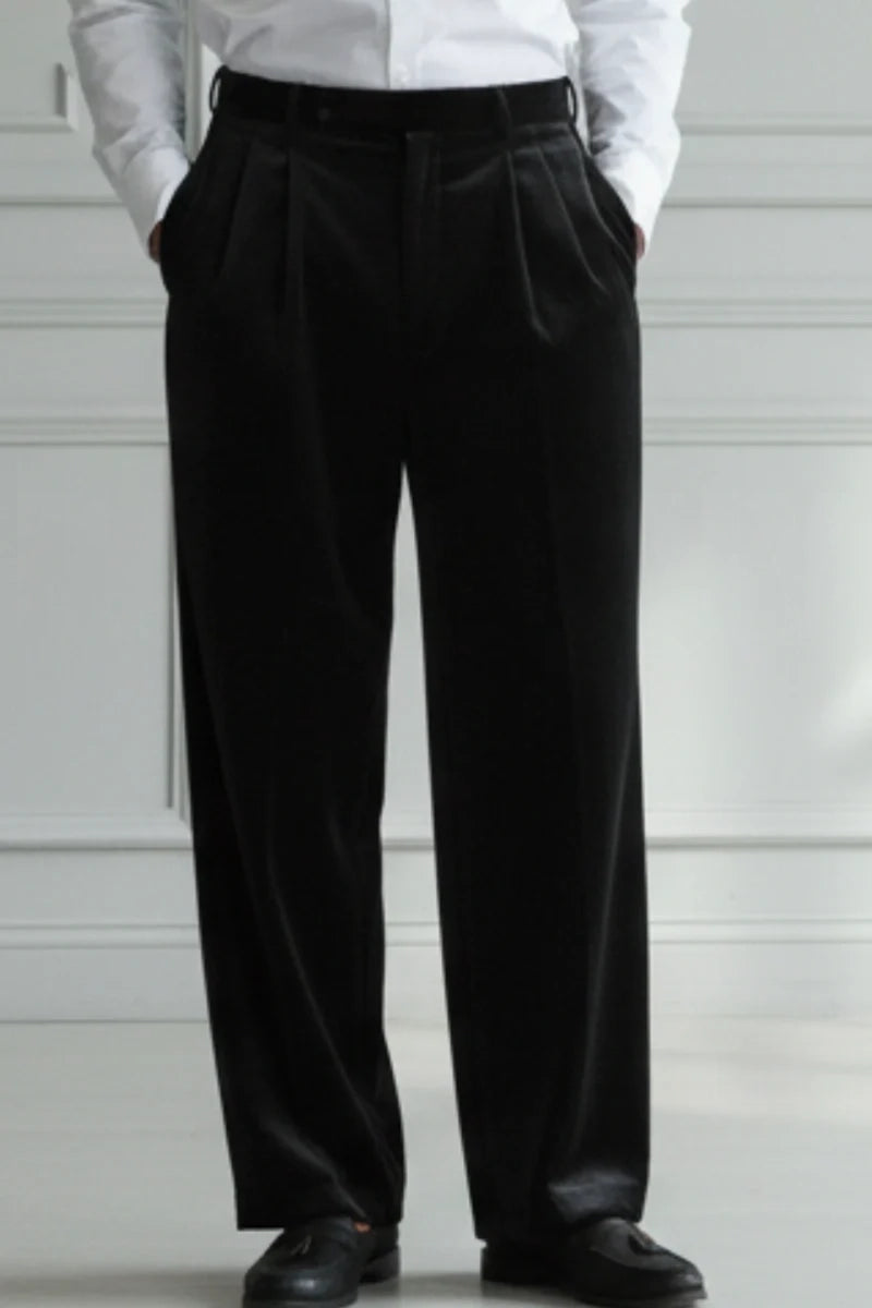 Men's Black Velvet Loose Fit  Pleated  Pants- Front