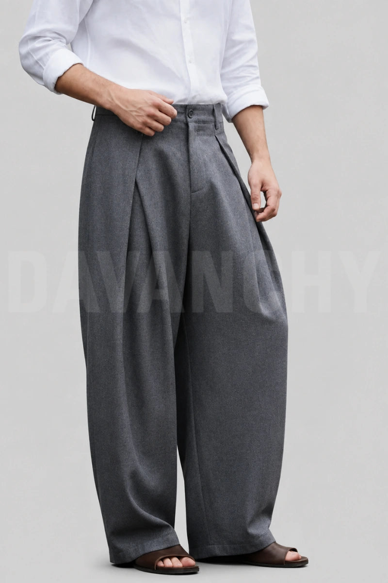 Men grey wide leg pants-Front