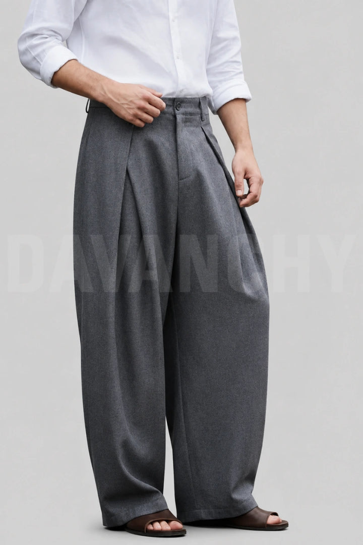 Men grey wide leg pants-Front