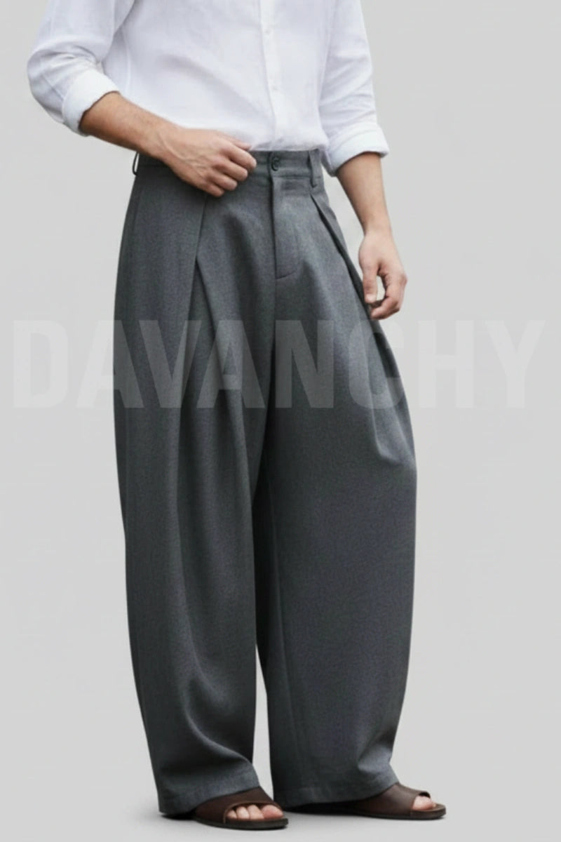 Men grey wide leg pants-Front