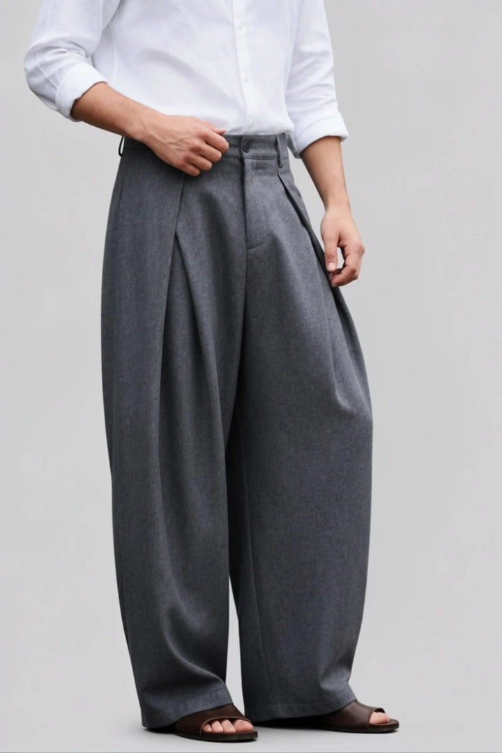Men Grey Loose Fit Pleated Pants -Front