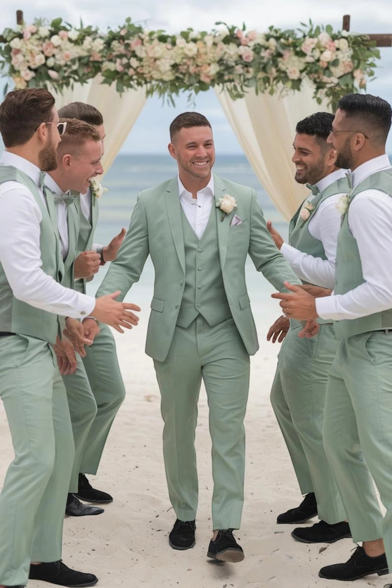Men sage green three-piece groomsmen suit with blazer, waistcoat, and trouser-Front