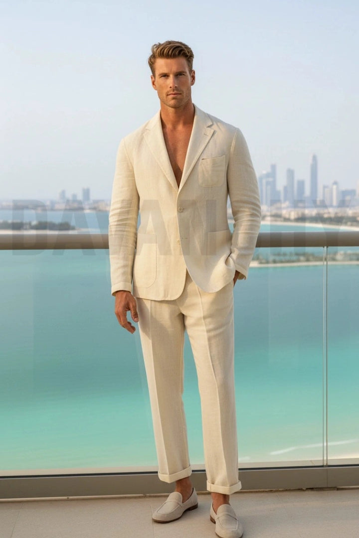 Men beige linen two piece suit-Front