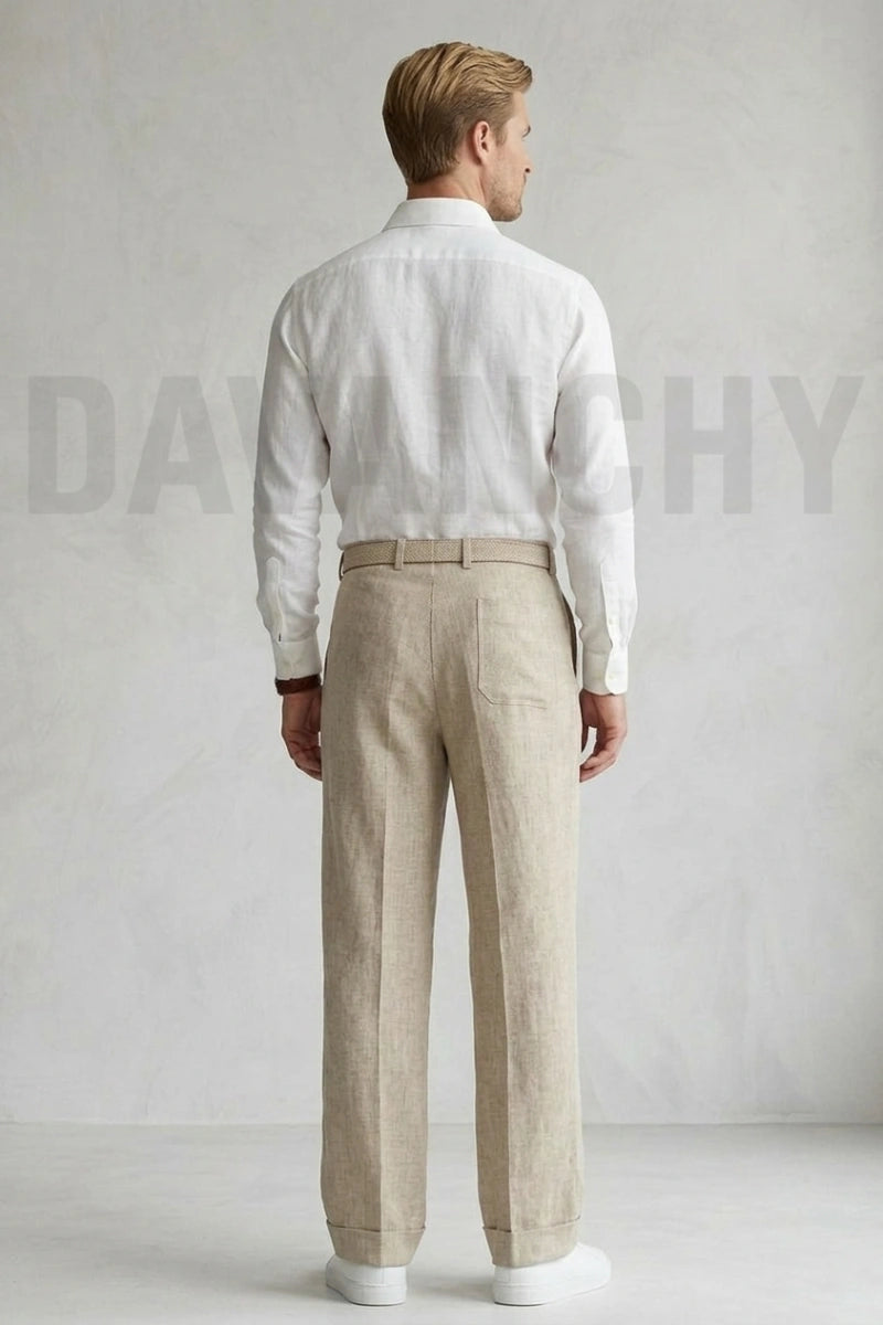 Beige Linen Loose fit Pant for Men-Back