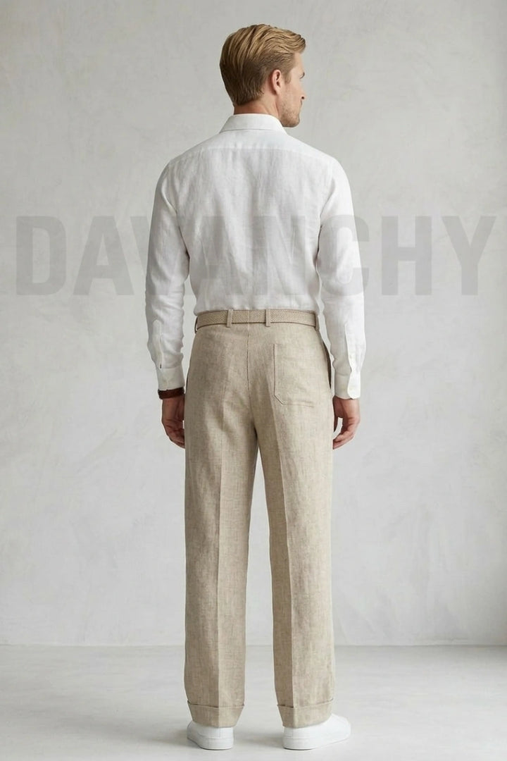 Beige Linen Loose fit Pant for Men-Back