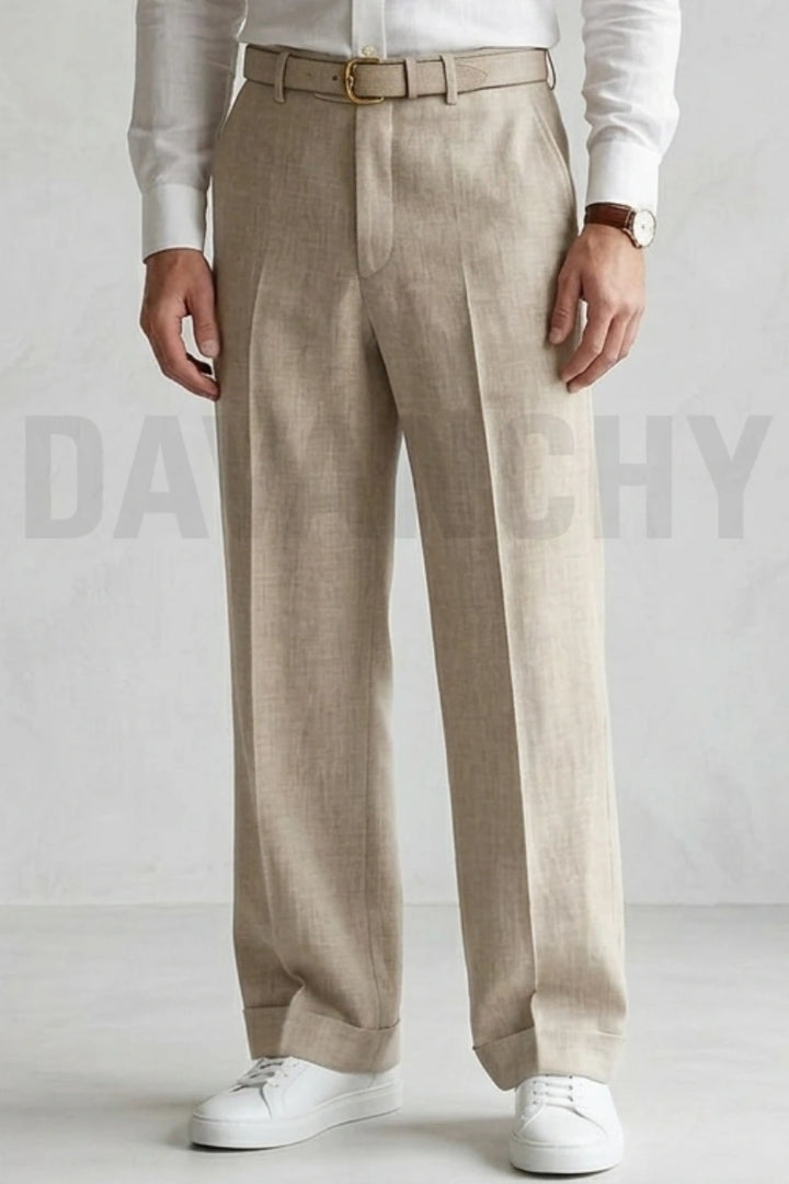 Men Beige Casual Linen Trouser-Front