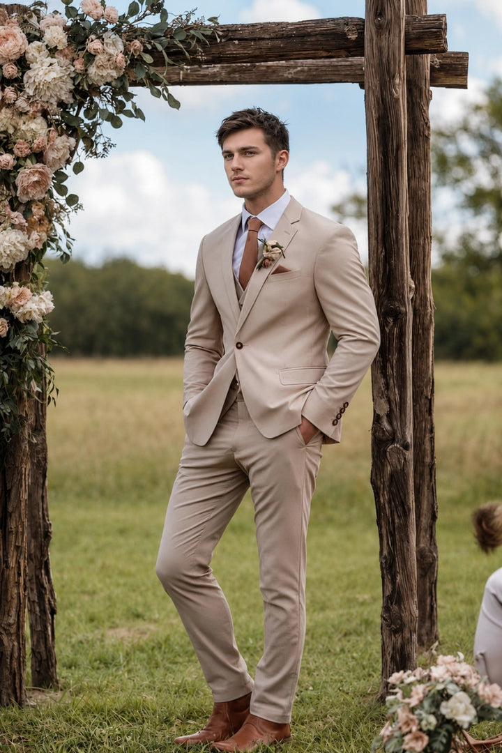 Men’s beige three-piece suit-Front