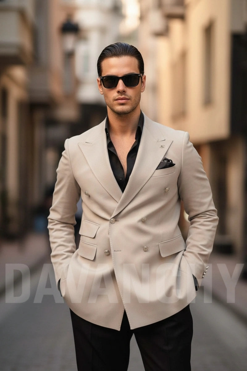Men Beige And Black Contrast Two Piece Suit-Front