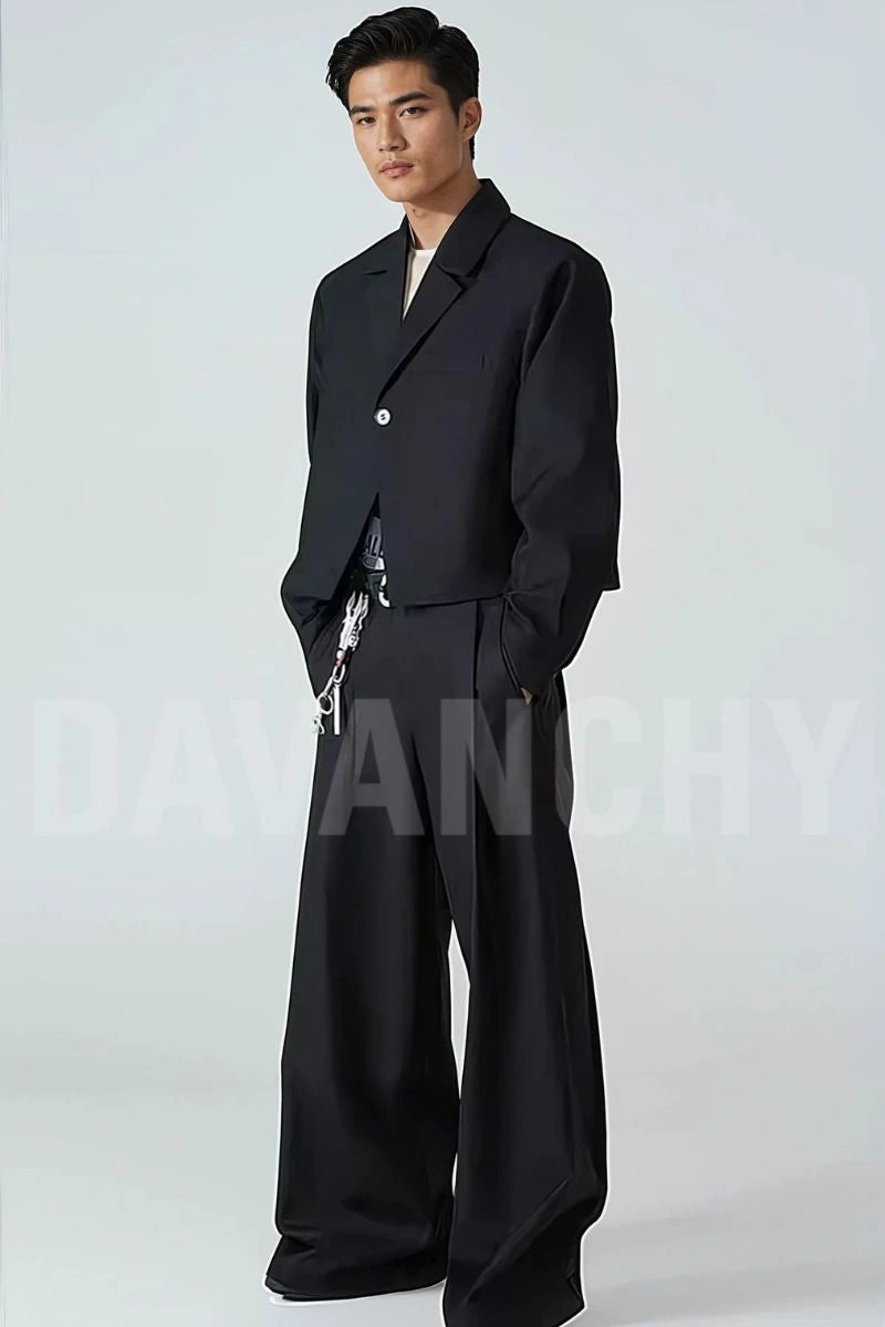 Men black formal wide leg trousers -Side