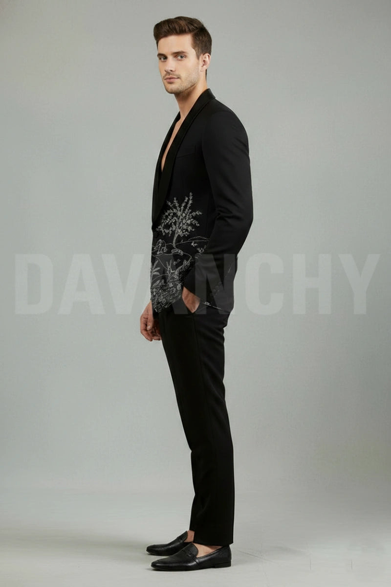 Men Black Designer Embroidered Suit-Side