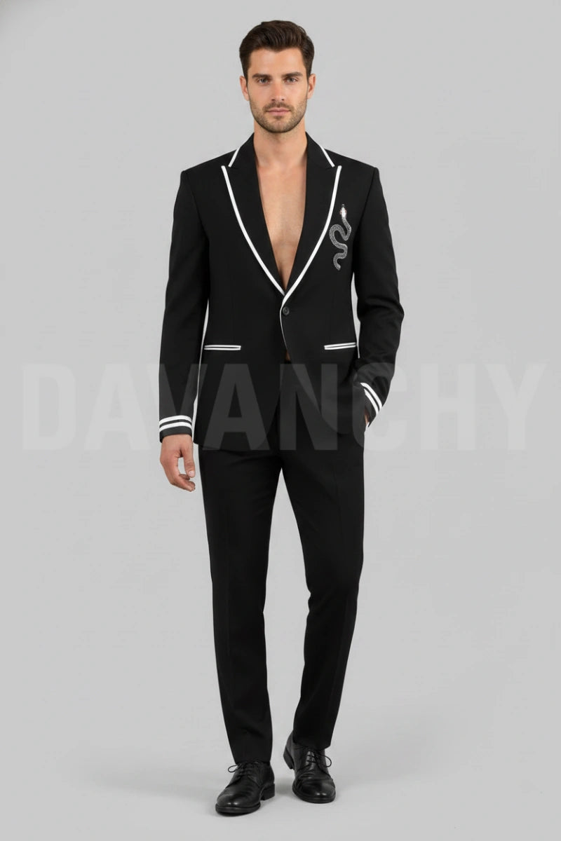 Men black embroidered suit-Front
