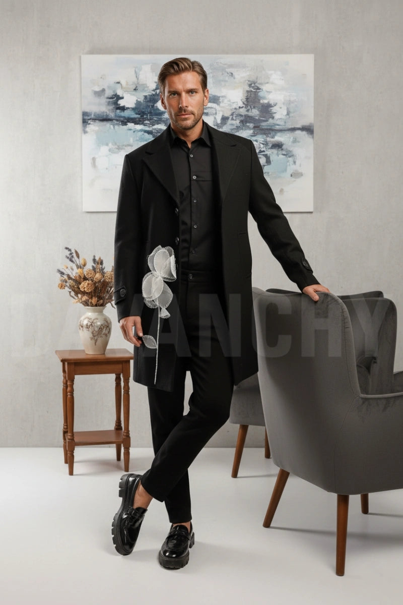 Men black designer trench coat-Front