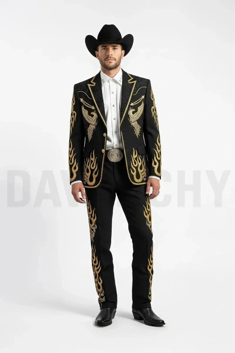 Black Western Country Two Piece Suit For Men-Front