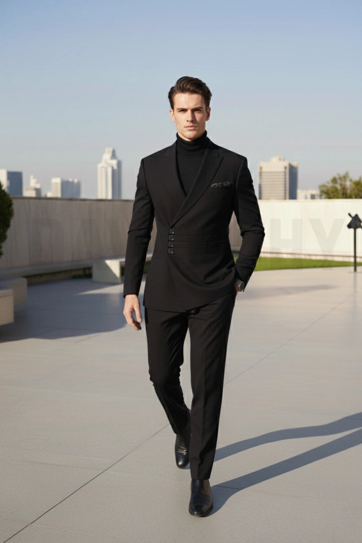 Men Black Designer Two Piece Suit- Front