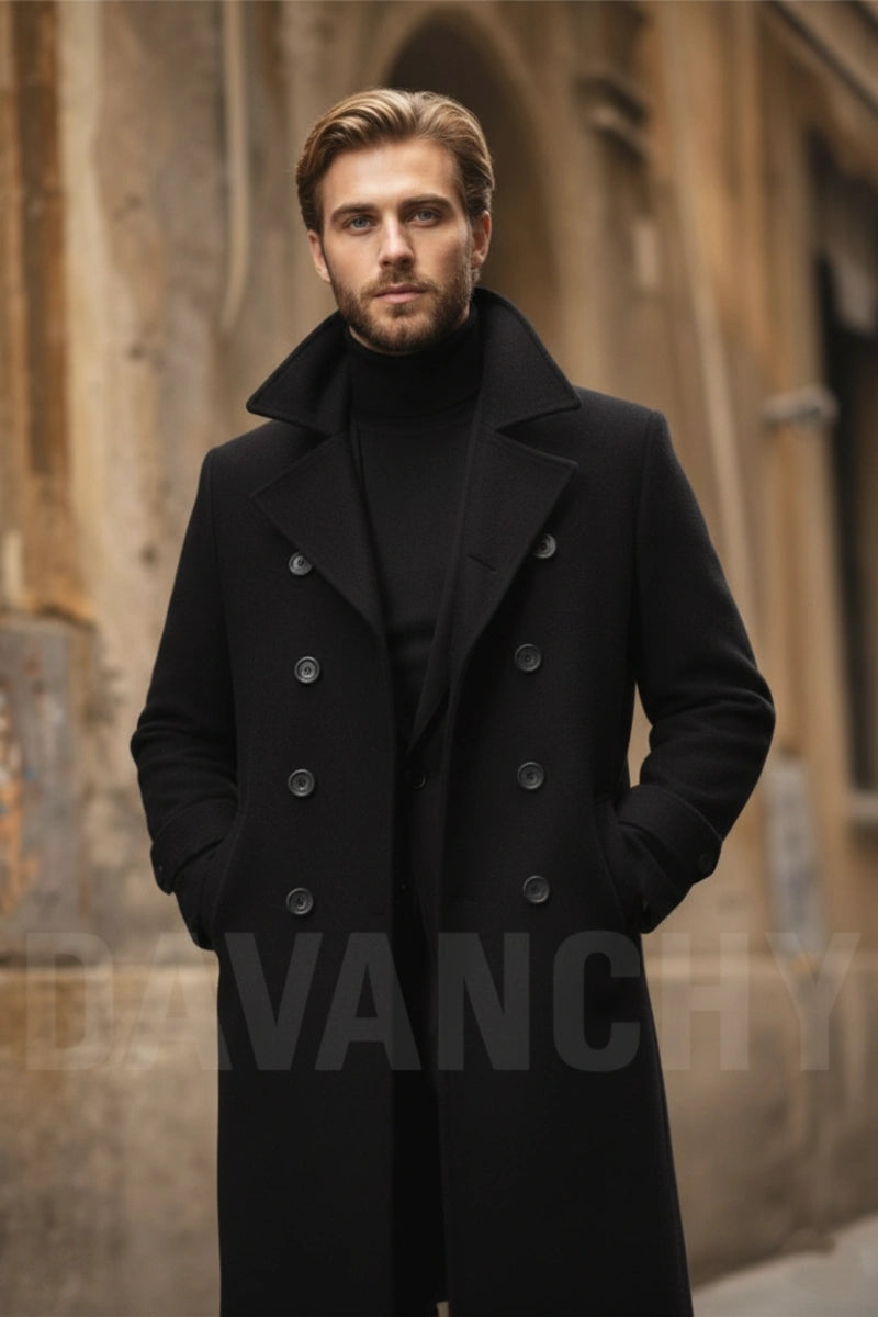 Men black double breasted wool coat-Front