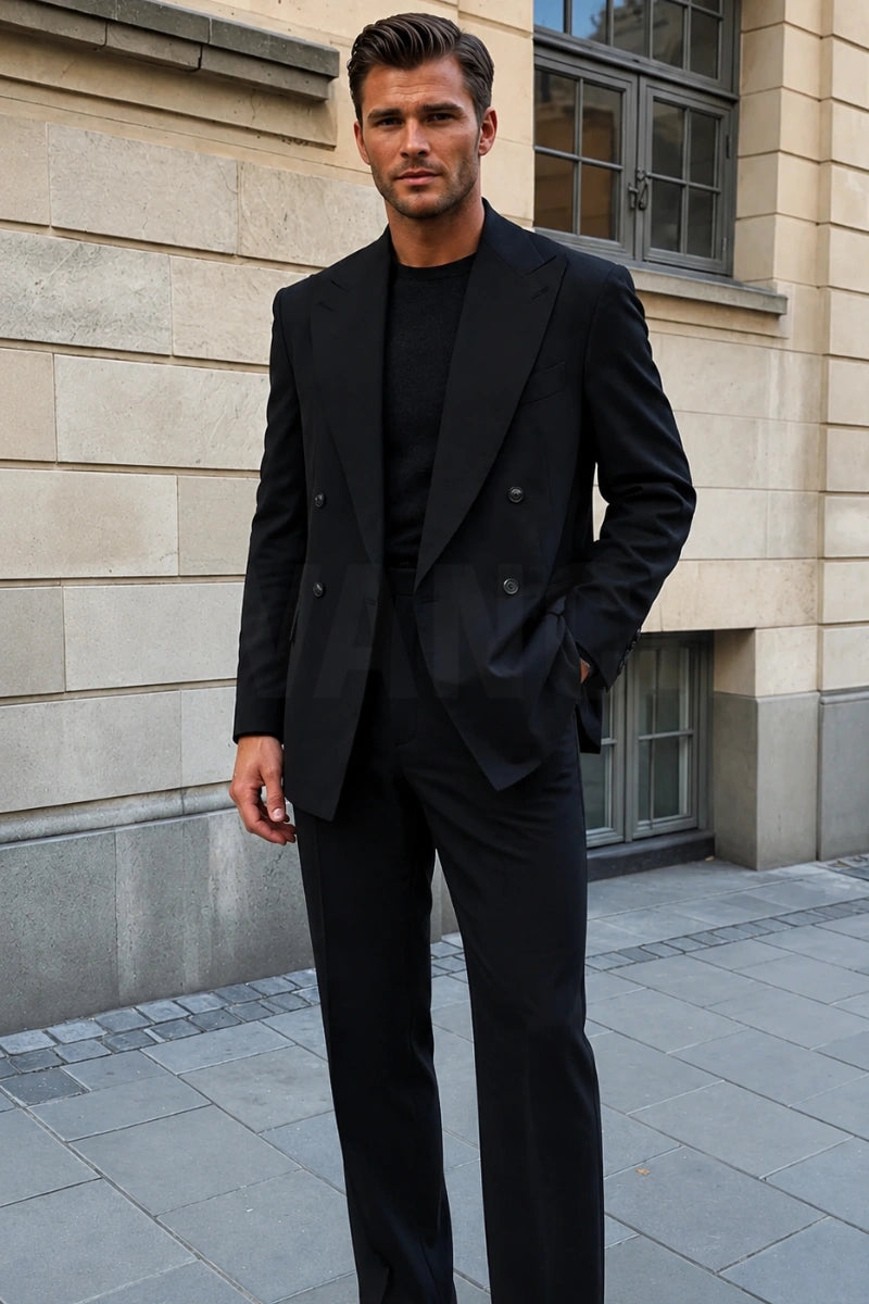 Tailored Black Double Breasted Vintage Classic Suit-Front