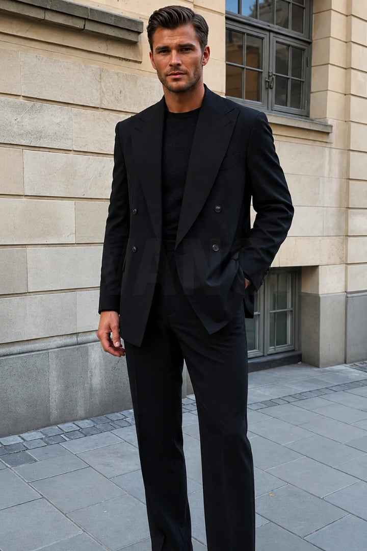 Tailored Black Double Breasted Vintage Classic Suit-Front