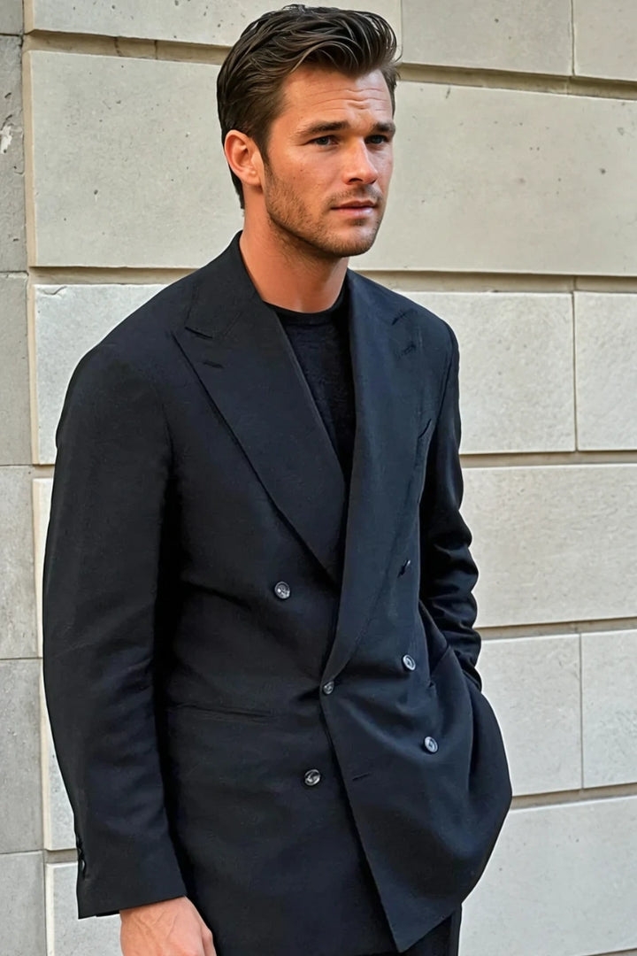 men’s black double breasted blazer and trouser set-Side