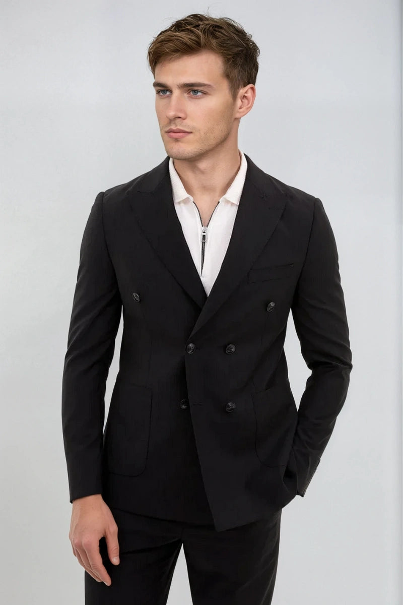 Men stylish black double breasted suit-Front