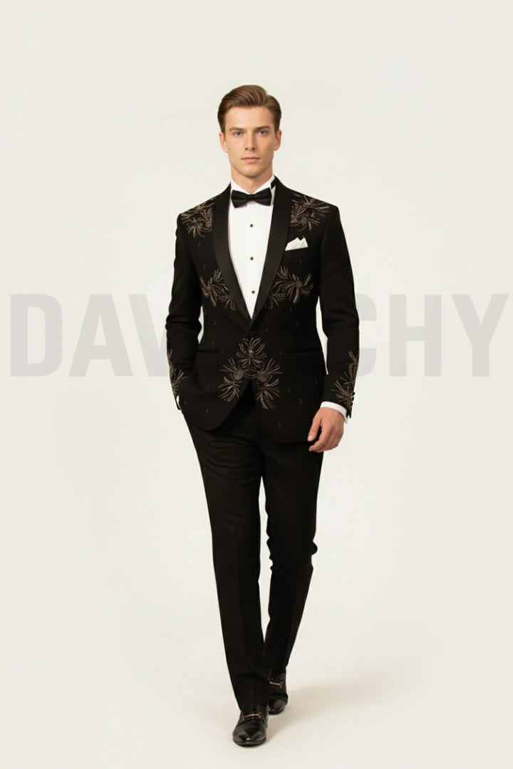 Men black embroidered designer tuxedo suit-Front
