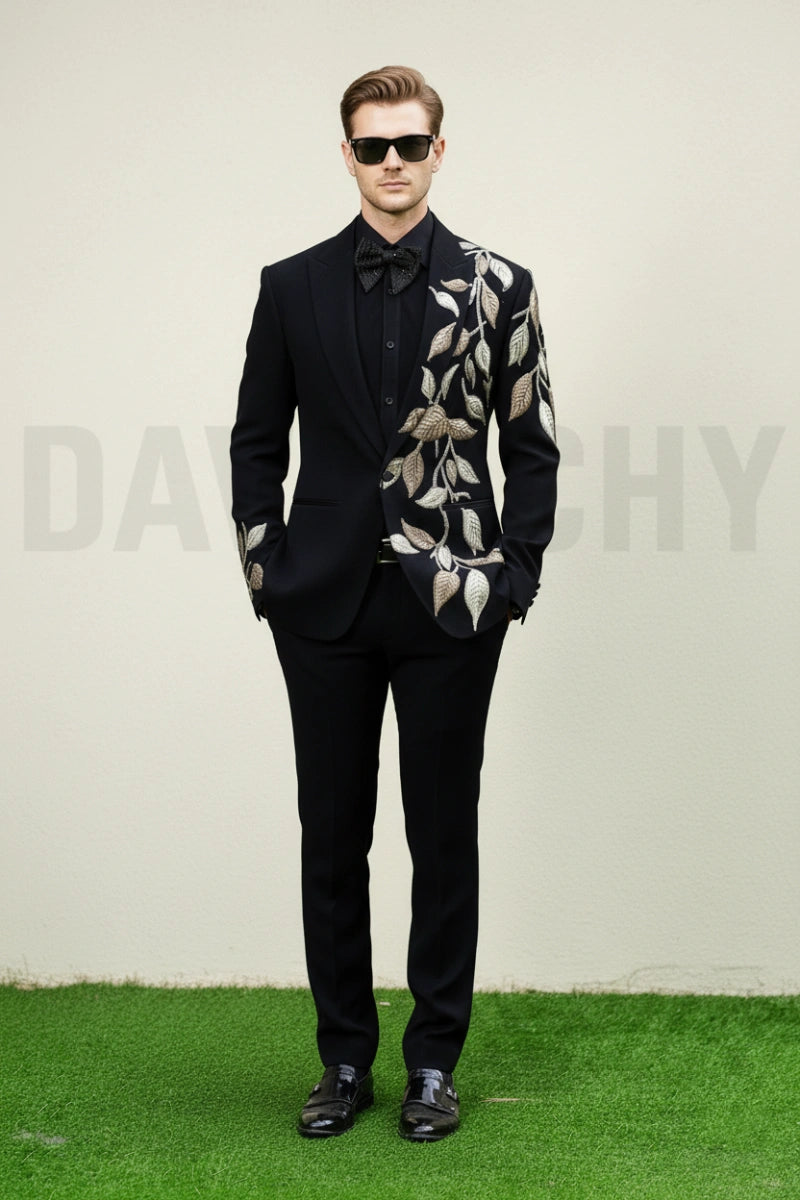 Men black embroidered designer suit-Front