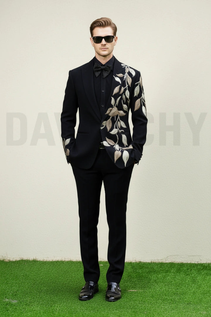 Men black embroidered designer suit-Front