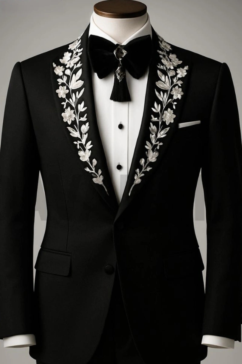 Black designer wedding and prom suit -Front