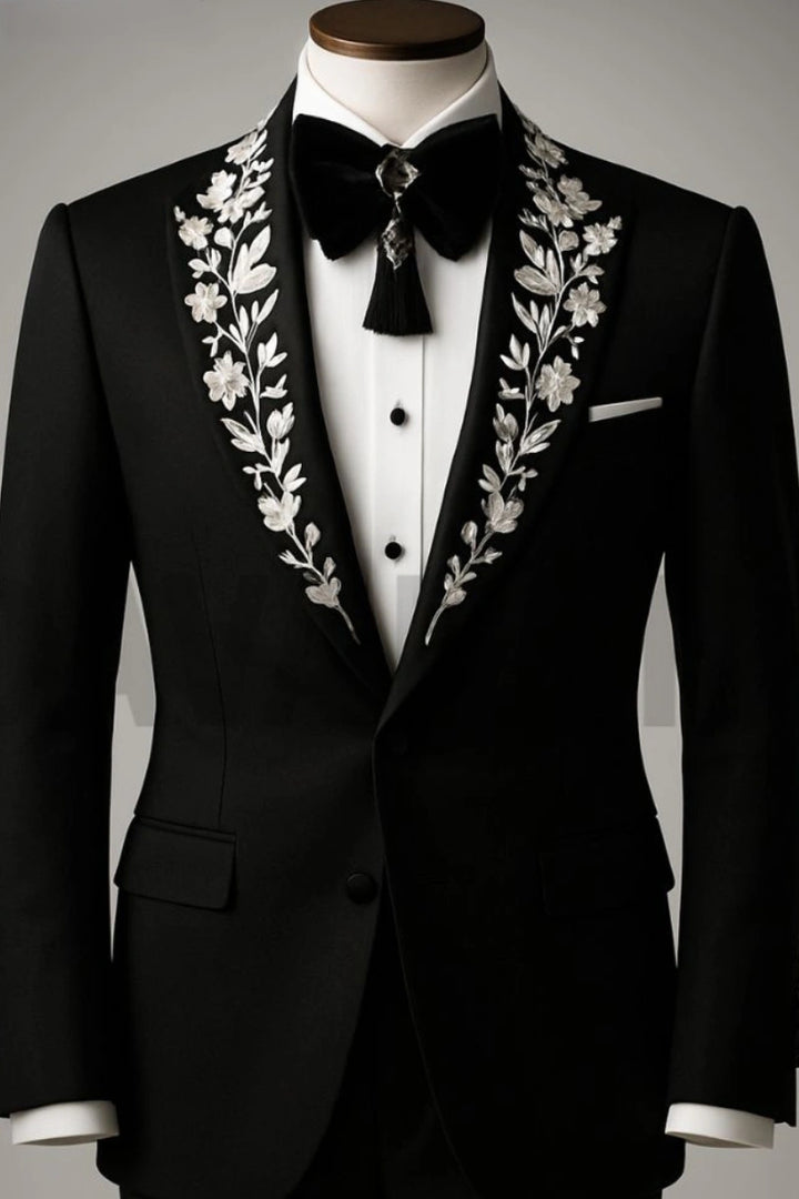 Black designer wedding and prom suit -Front