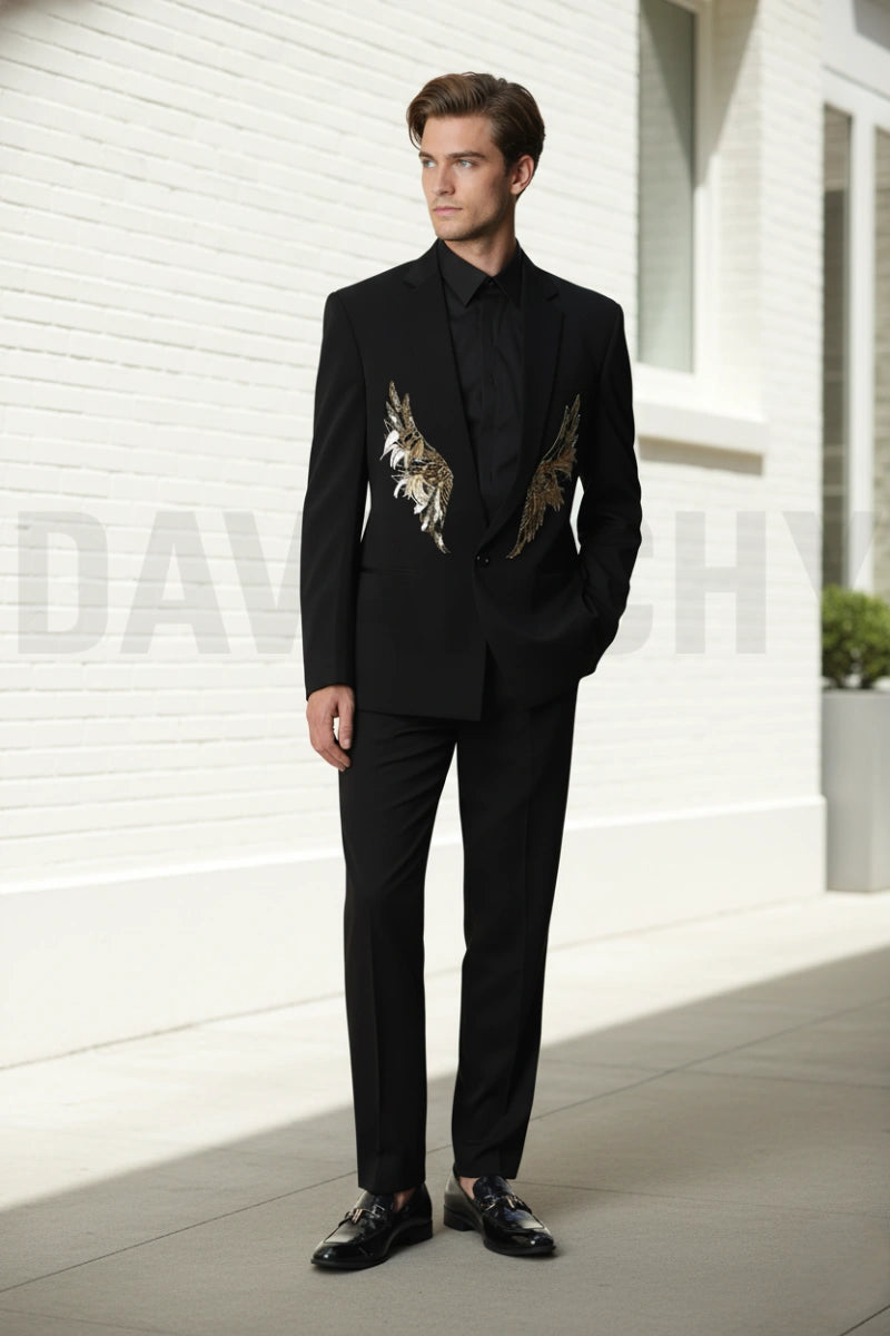 Men black designer party wear suit-Front