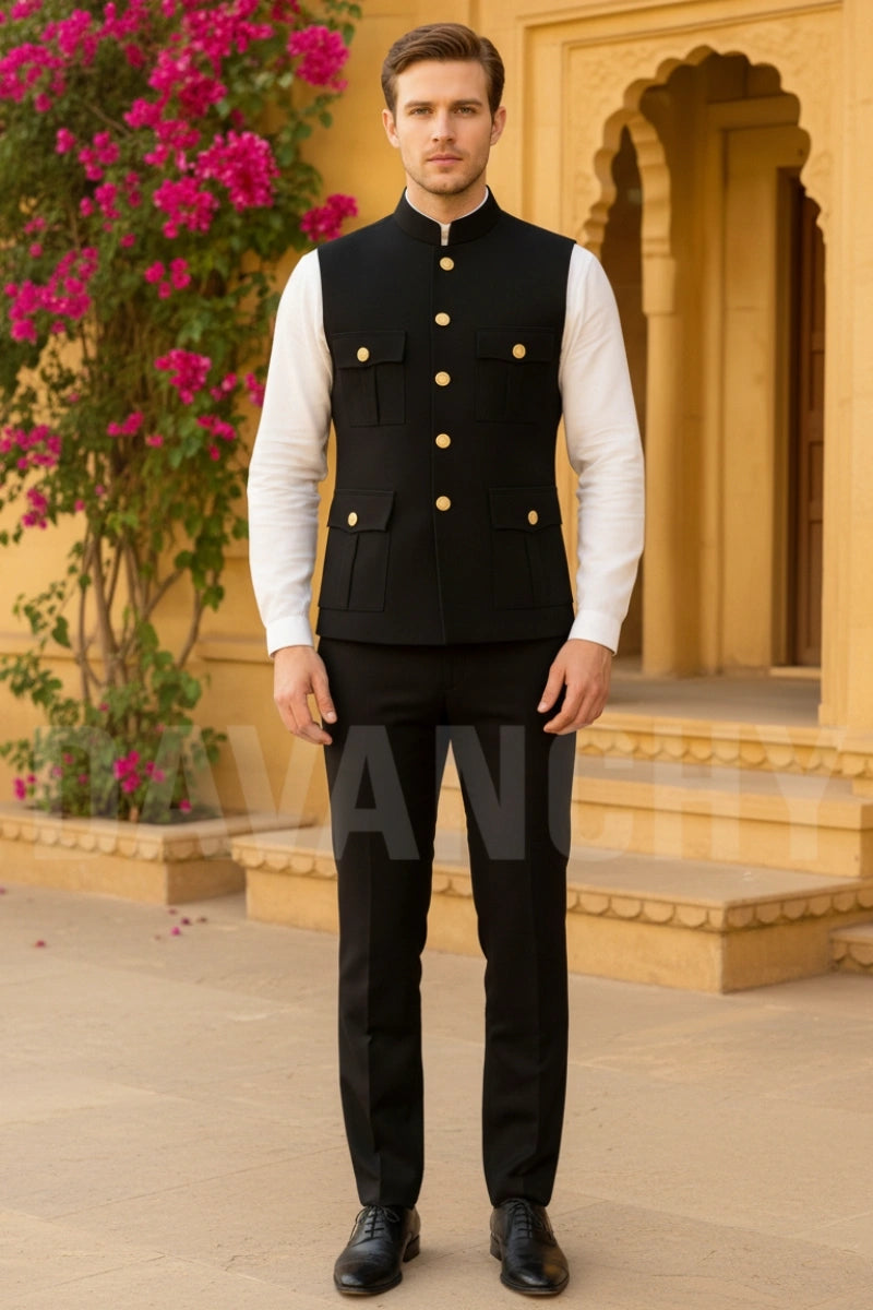 Black sleeveless hunting jacket for men with mandarin collar and metal buttons