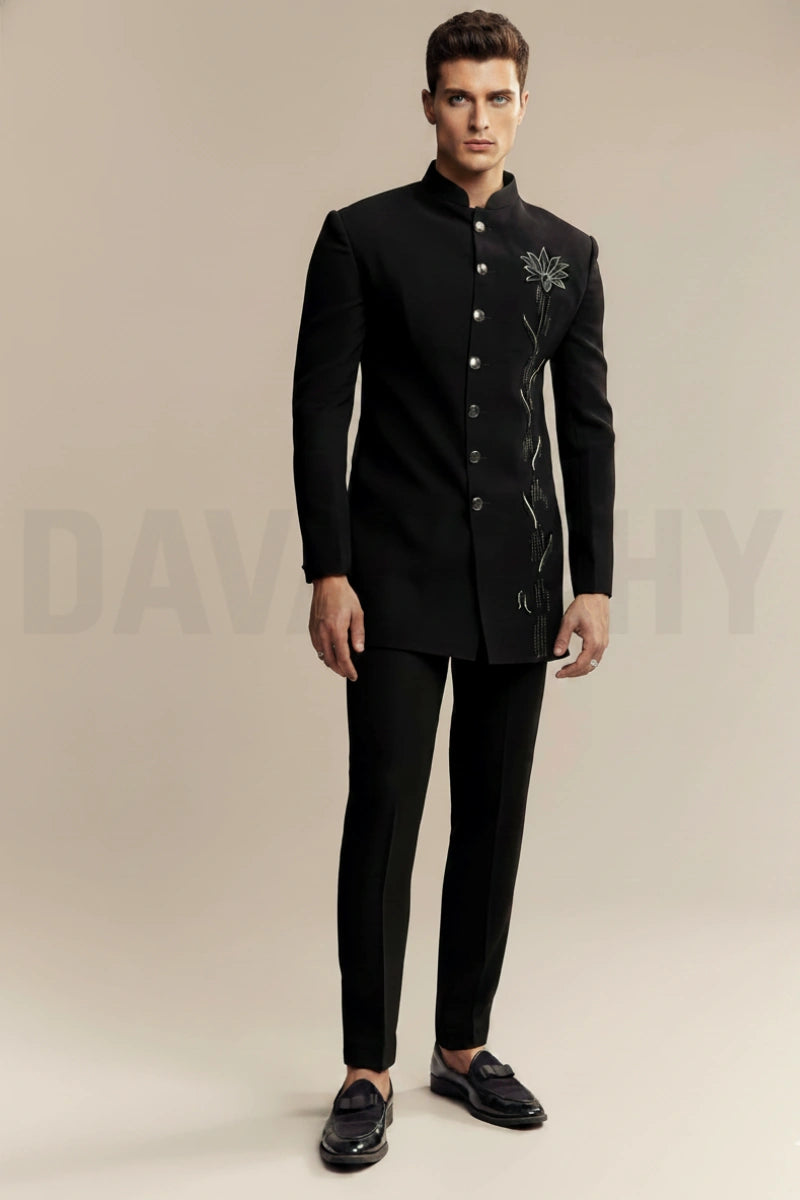 Black bandhgala wedding suit men-Front