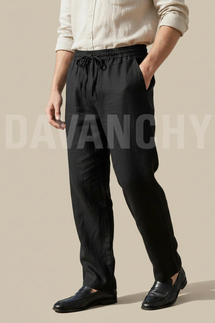 Men black elastic waist casual trouser-Front
